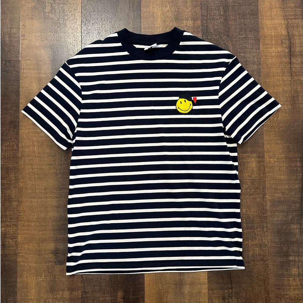 Galeries Lafayette Smiley Face Striped Tee Navy White Cotton Size M - Picture 2 of 7